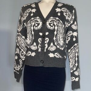 Ophelia Roe grey white paisley long sleeve v-neck cardigan sweater womans S